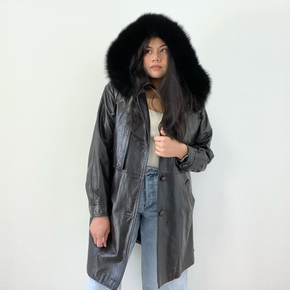 Vintage 90s Leather Belted Jacket Coat w/ Faux Fur Removable Lining Hood